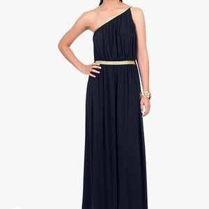 Navy one shoulder gown w gold accents